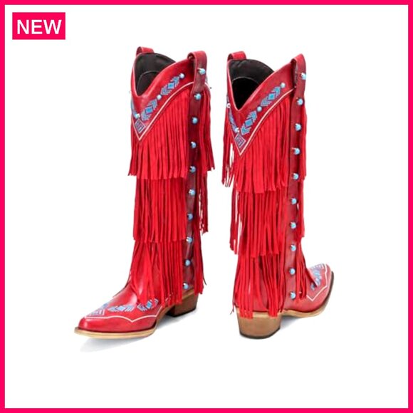 Women's Knee High Cowboy Boots with Triple Layer Fringe and Gemstone Accents - Picture 7 of 8